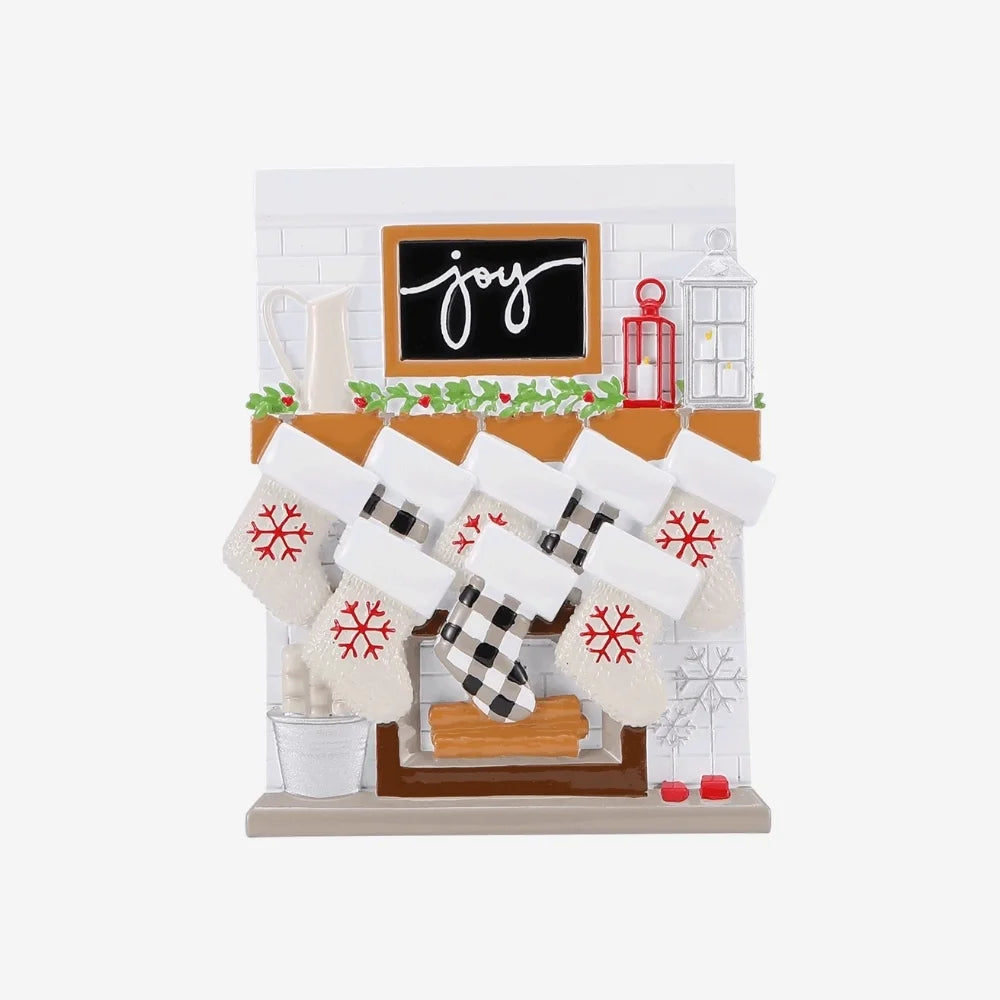 Fireplace Mantle Family of 8 Personalized Christmas Ornament