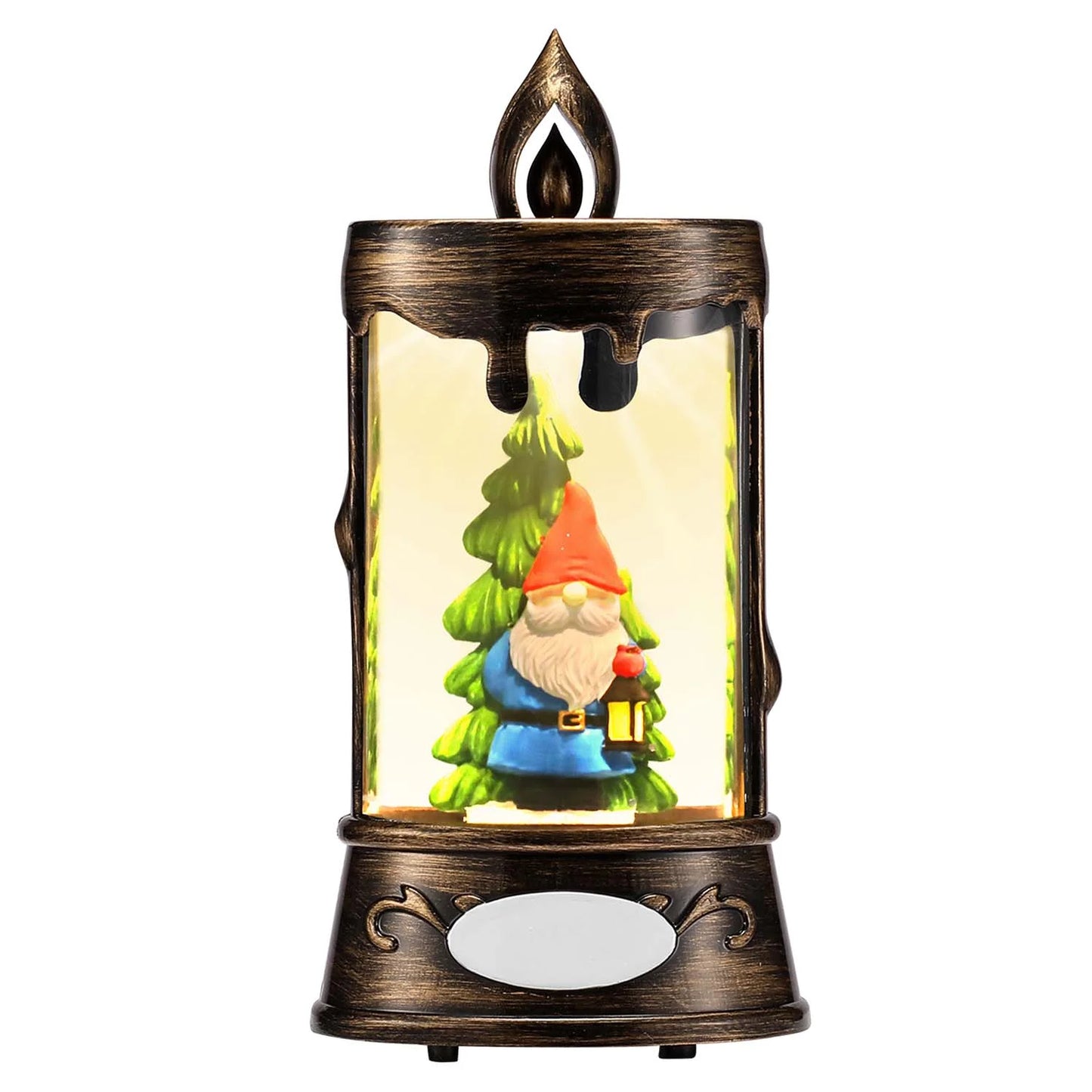 SNOW GLOBE ORNAMENT- GNOME & CHRISTMAS TREE IN CANDLE SHAPE SNOW GLOBE