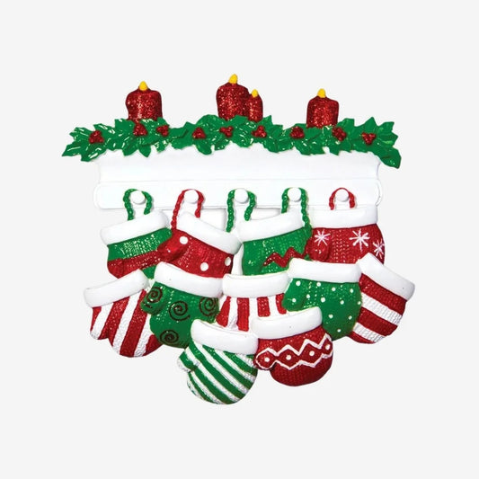 Red & Green Mitten Family of 11 Personalized Christmas Ornament