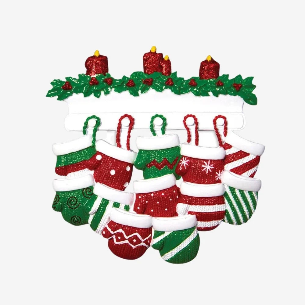 Red & Green Mitten Family of 12 Personalized Christmas Ornament