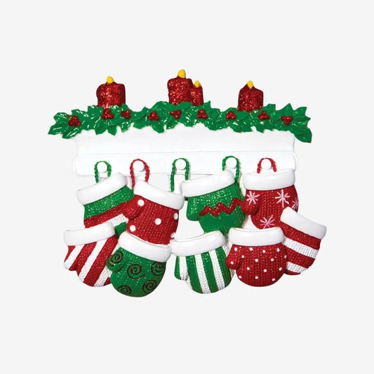 Red & Green Mitten Family of 9 Personalized Christmas Ornament