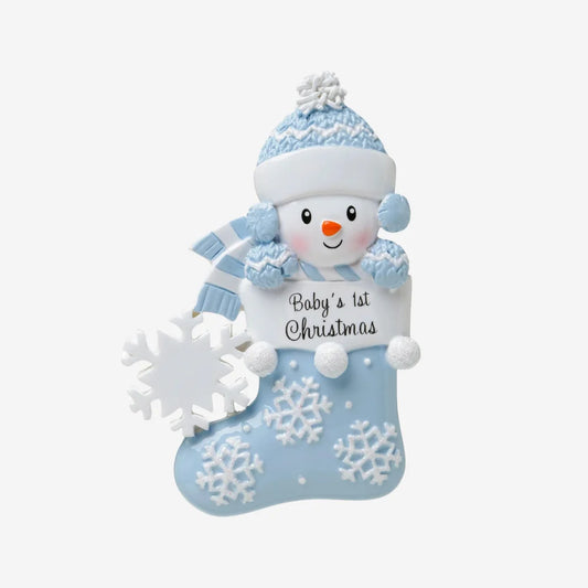 Baby Snowman in Stocking (Blue) Personalized Christmas Ornament