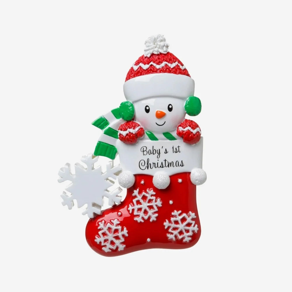 Snow Baby In Stocking (Green/Red) Personalized Christmas Ornament
