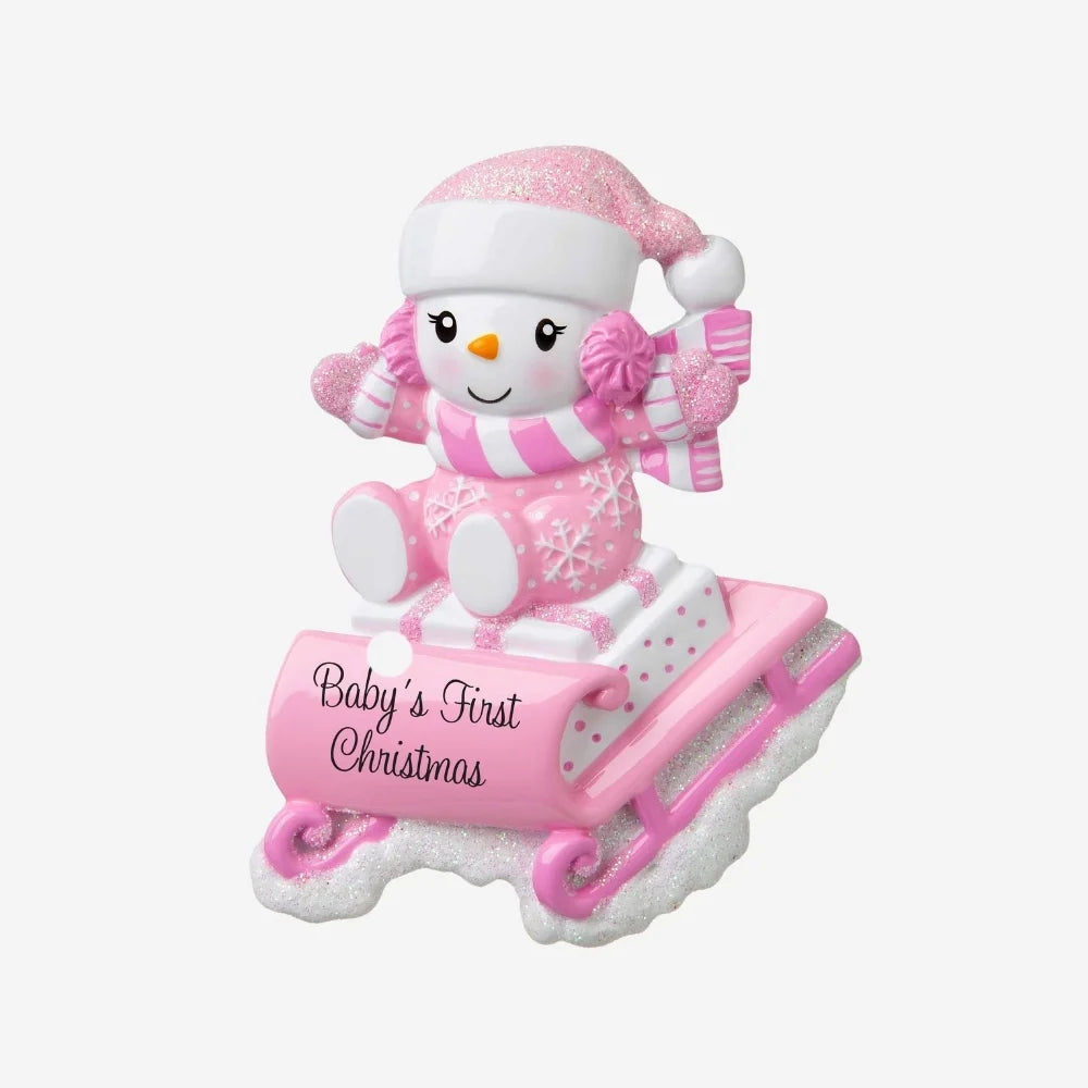 Snowbaby on Sled (Pink) Personalized Christmas Ornament