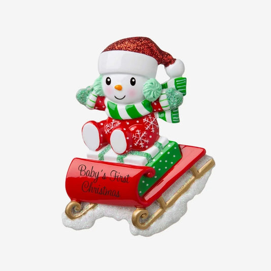 Snowbaby on Sled (Red & Green) Personalized Christmas Ornament