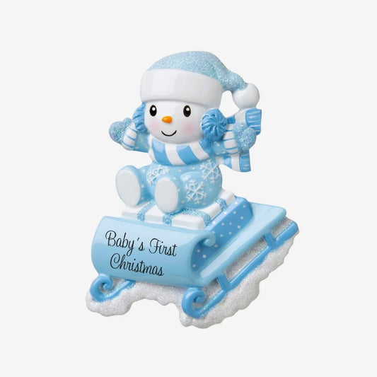 Snowbaby on Sled (Blue) Personalized Christmas Ornament