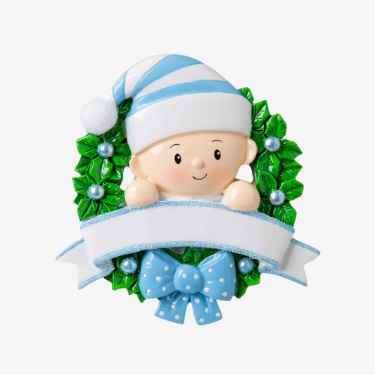 Baby in a Wreath (Light Blue) Personalized Christmas Ornament