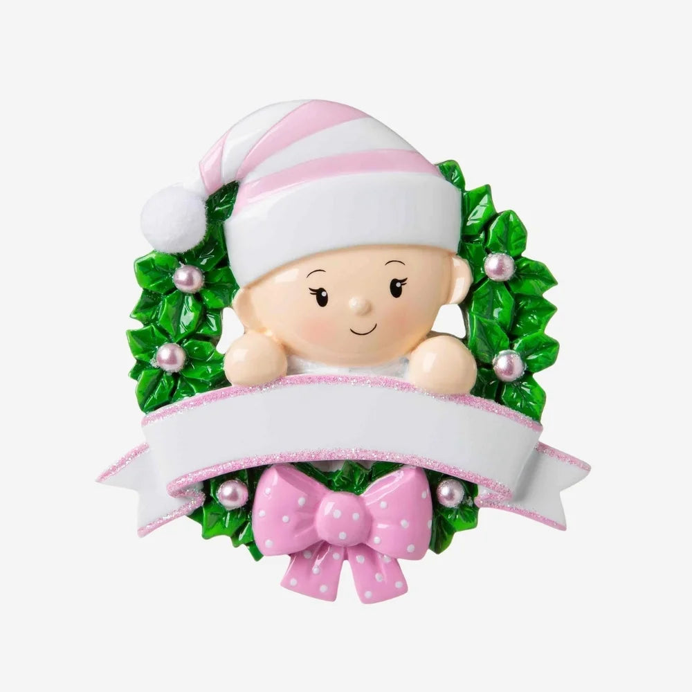 Baby in a Wreath (Pink) Personalized Christmas Ornament