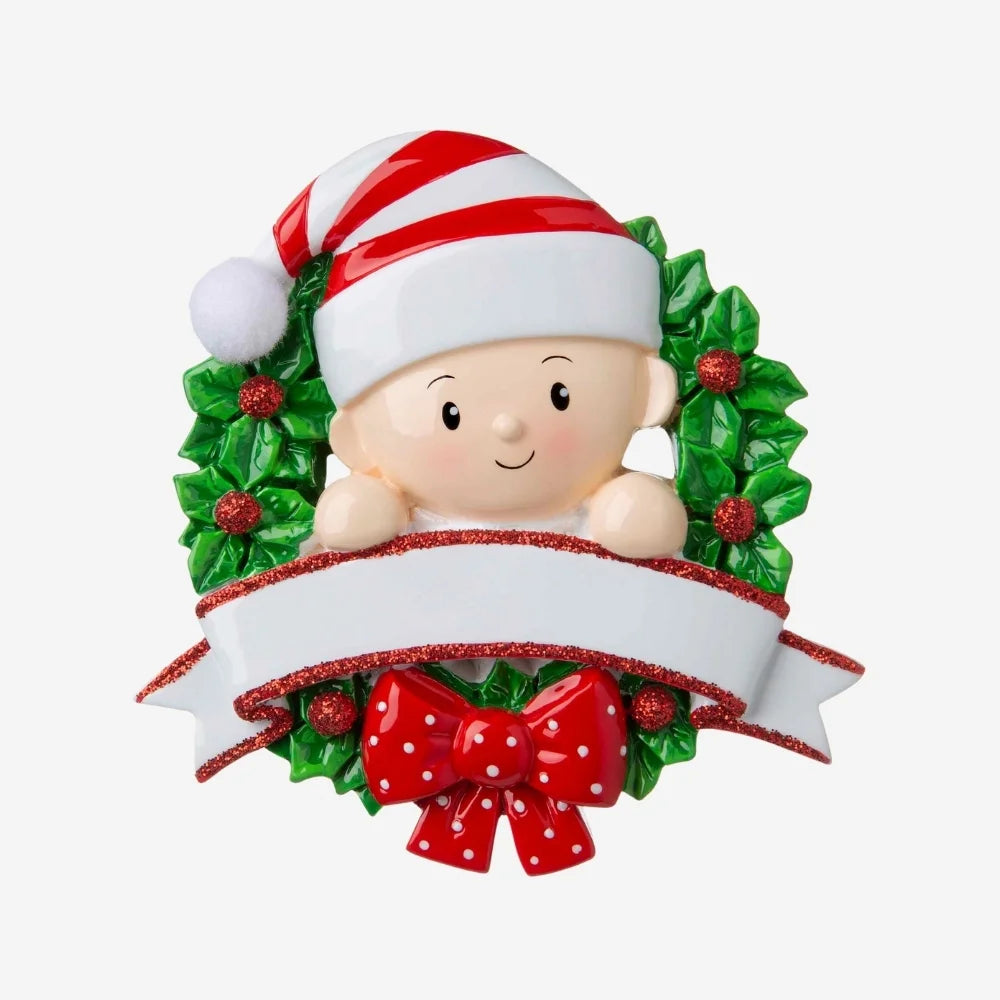 Baby in a Wreath (Red & Green) Personalized Christmas Ornament