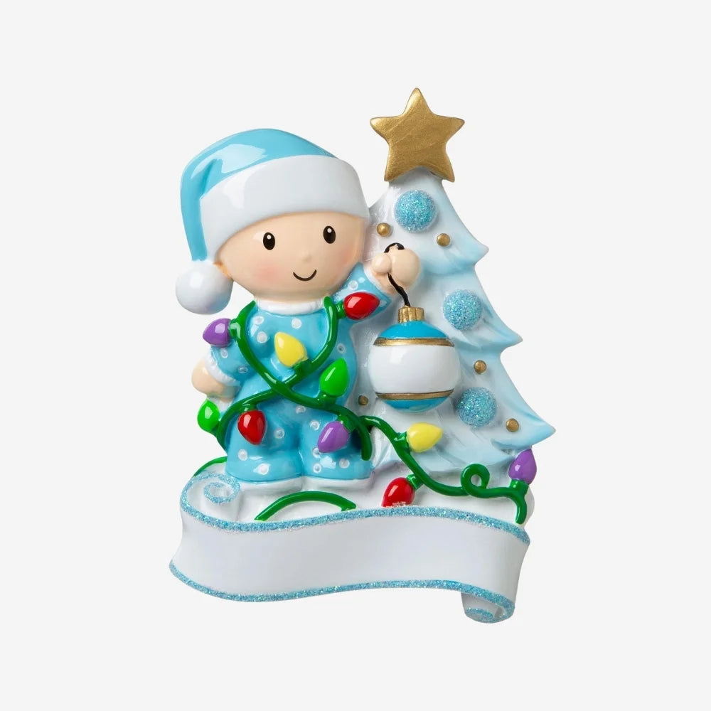 Baby Decorating a Tree (Light Blue) Personalized Christmas Ornament