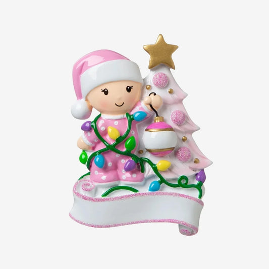 Baby Decorating A Tree (Pink) Personalized Christmas Ornament