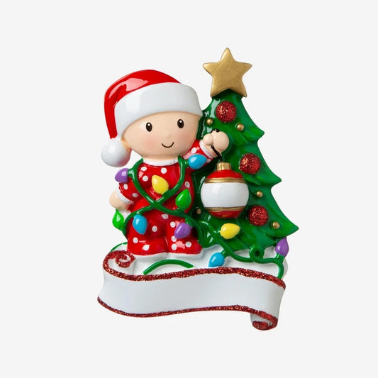 Baby Decorating A Tree (Red & Green) Personalized Christmas Ornament