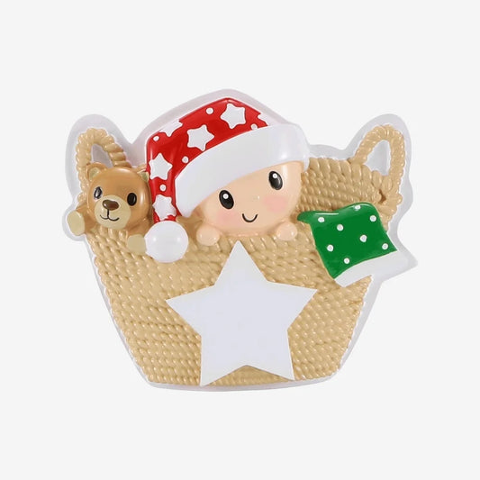Baby in Basket (Red & Green) Personalized Christmas Ornament