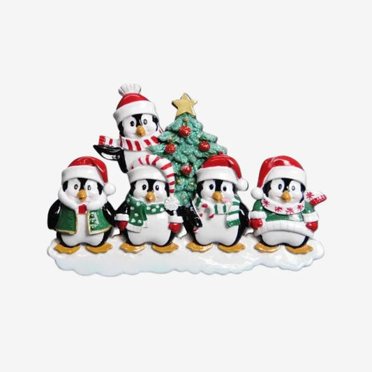 Winter Penguin Family of 5 Personalized Christmas Ornament