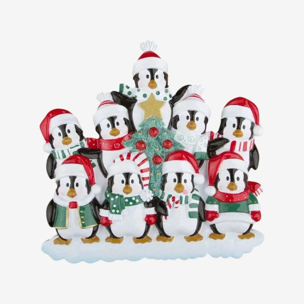 Winter Penguins Family of 9 Personalized Christmas Ornament