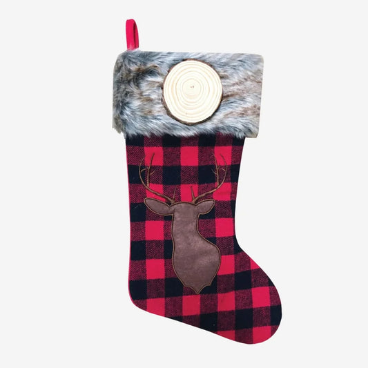 Red & Black Plaid with Brown Reindeer Personalized Christmas Stocking