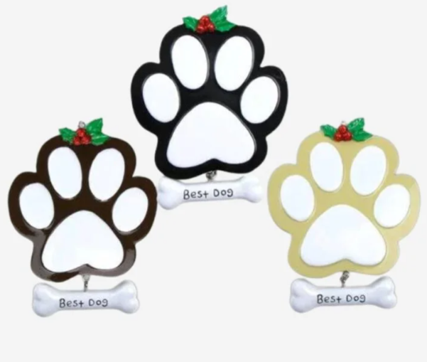 Dog Paw (4 Black, 4 Tan, 4 Brown) Personalized Christmas Ornament