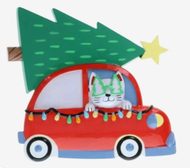 Cat in Car w/Tree on Top Personalized Christmas Ornament