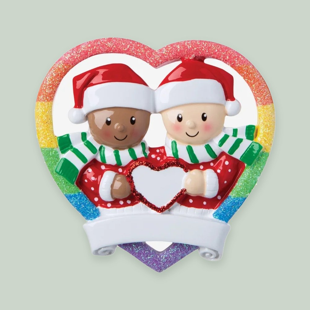 Interracial Gay Couple ornament on a sage green background