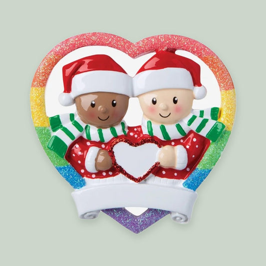 Interracial Gay Couple ornament on a sage green background