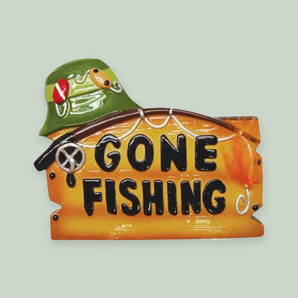 Gone Fishing ornament on a sage green background