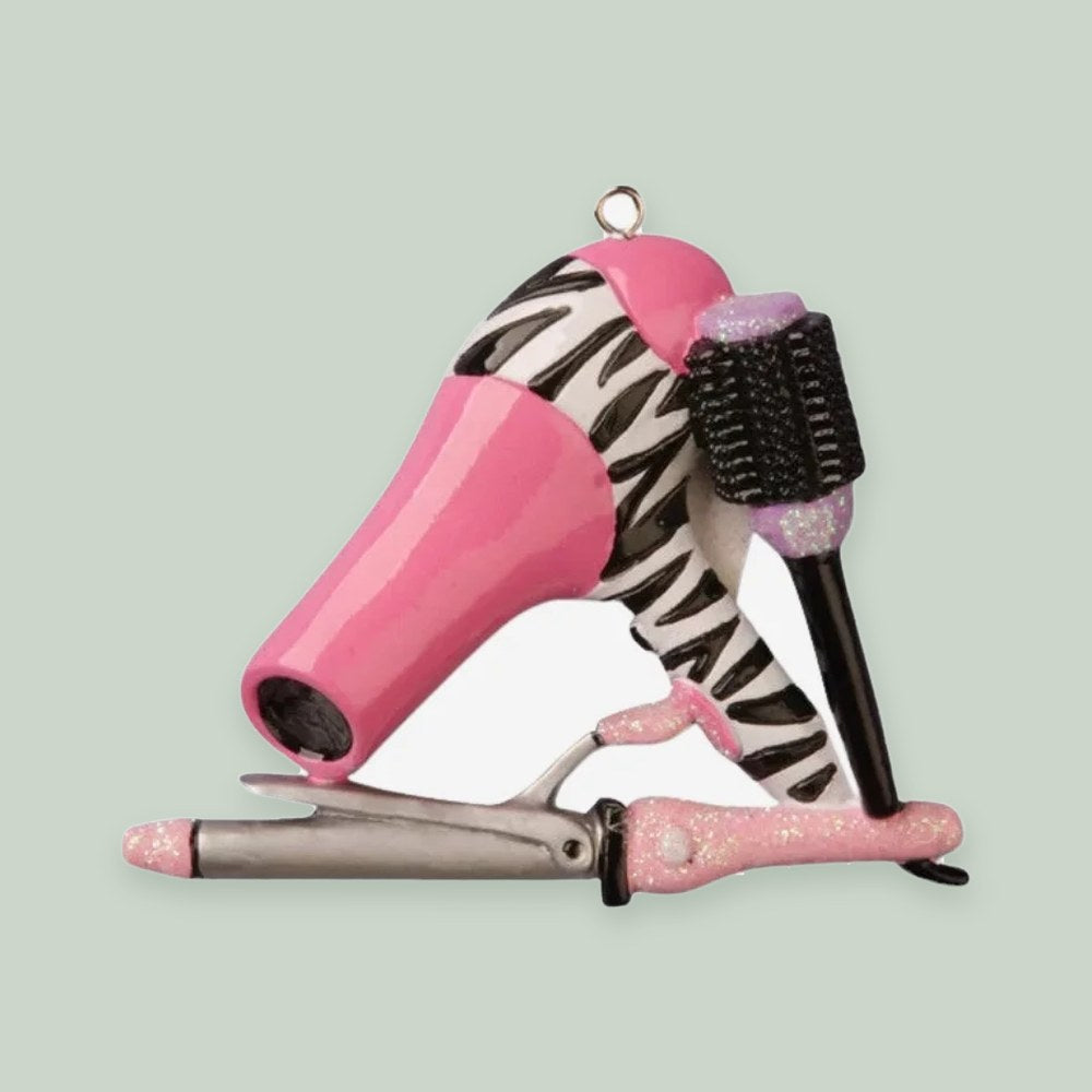 Hair Stylist Blow Dryer ornament on a sage green background