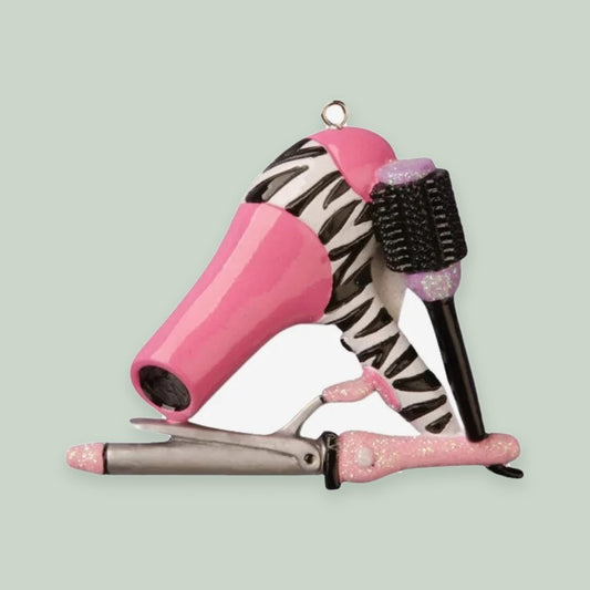 Hair Stylist Blow Dryer ornament on a sage green background
