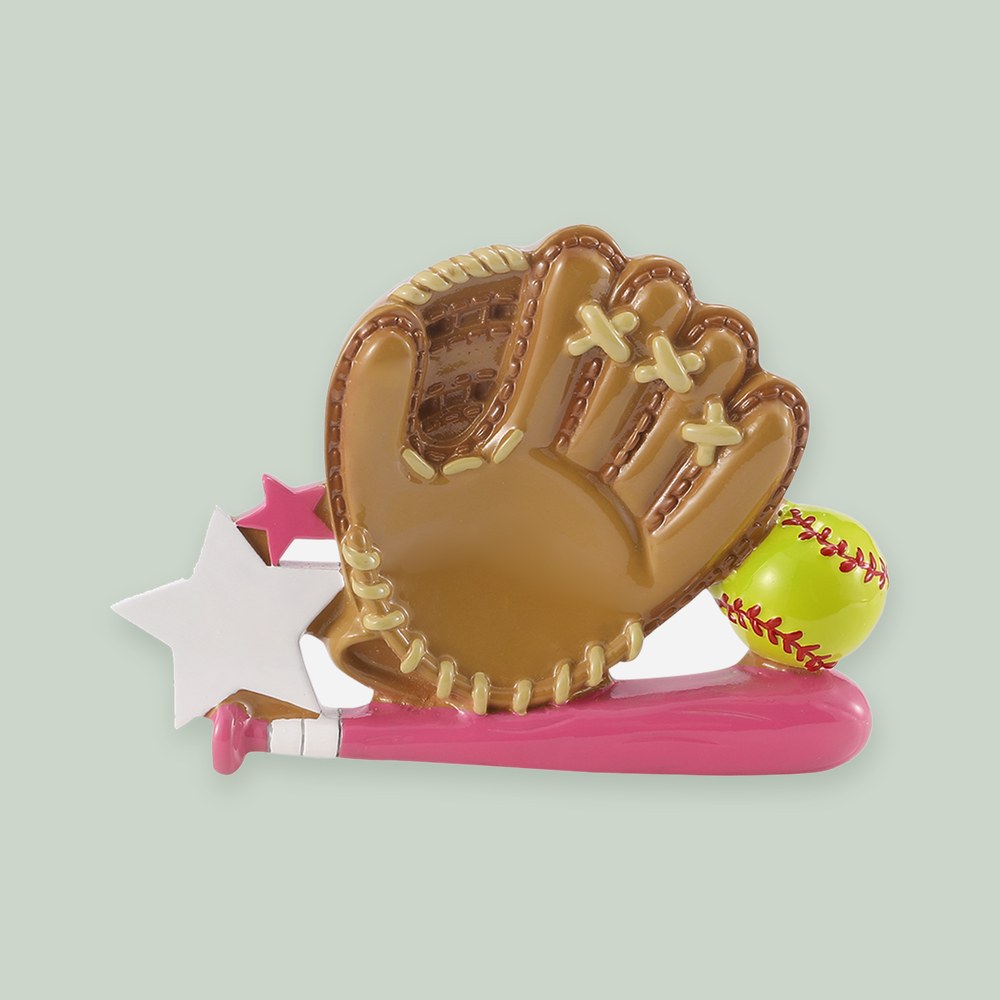 Softball Glove with Pink Bat ornament on a sage green background