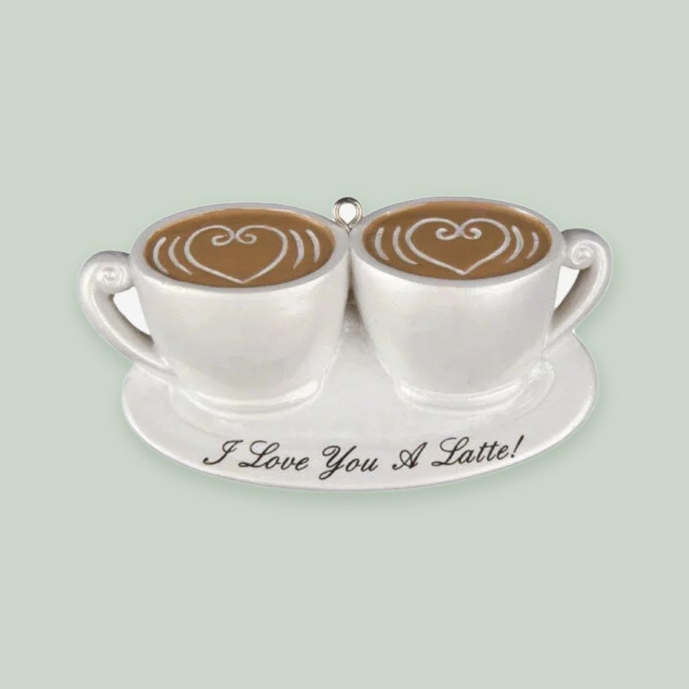 I Love You a Latte Couple ornament on a sage green background