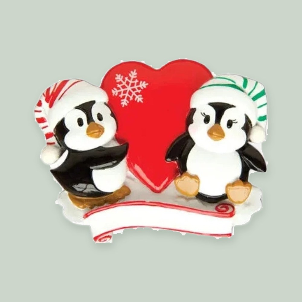Penguin Couple with Red Heart and Banner ornament on a sage green background