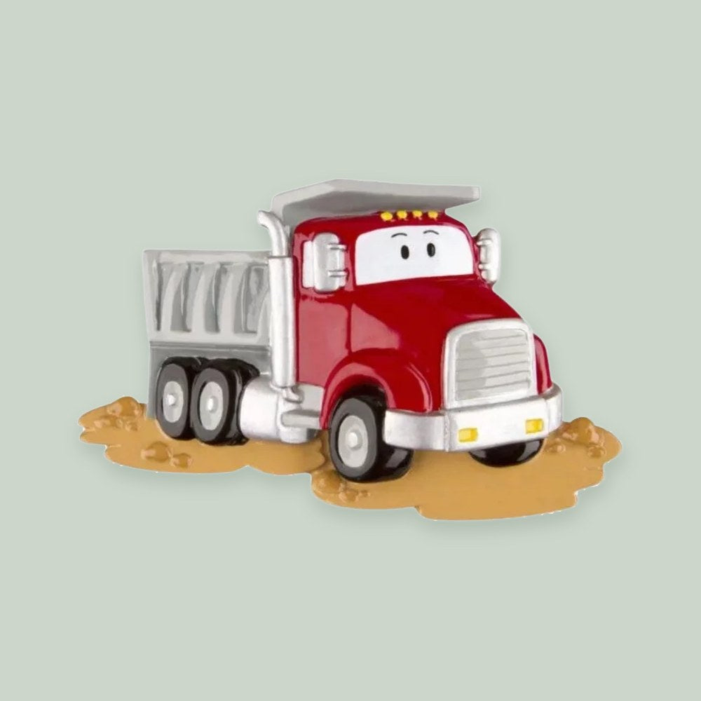 Red Dump Truck ornament on a sage green background