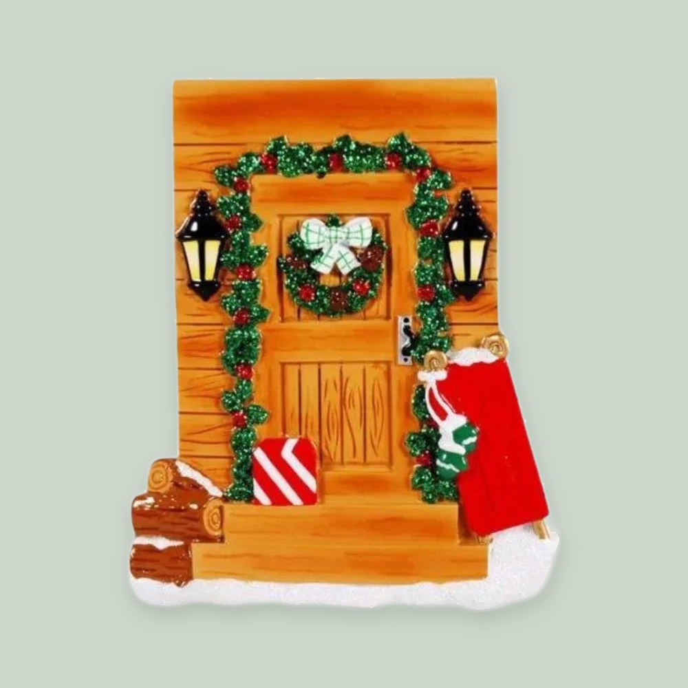 Rustic Country Door ornament on a sage green background