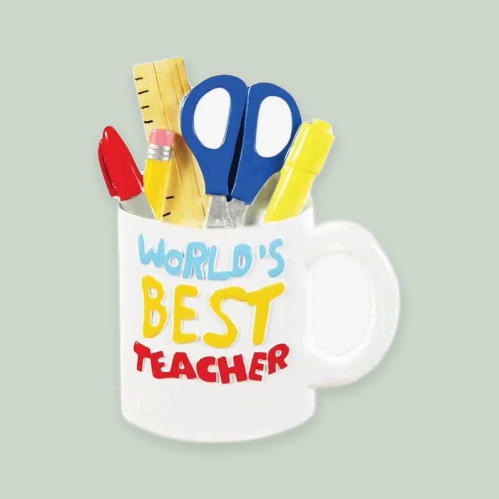 Best Teacher Mug ornament on a sage green background