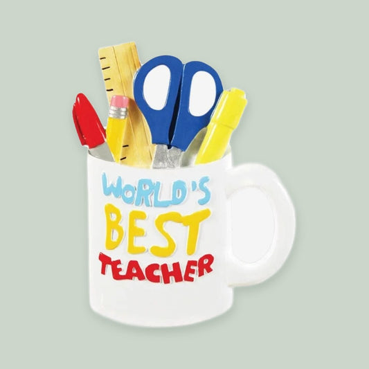 Best Teacher Mug ornament on a sage green background