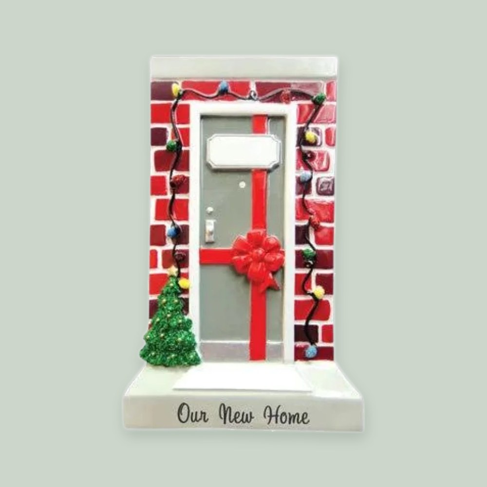 Our New Home Door ornament on a sage green background