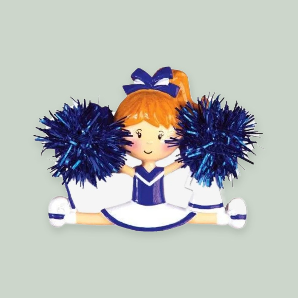 Cheerleader (Blue) ornament on a sage green background