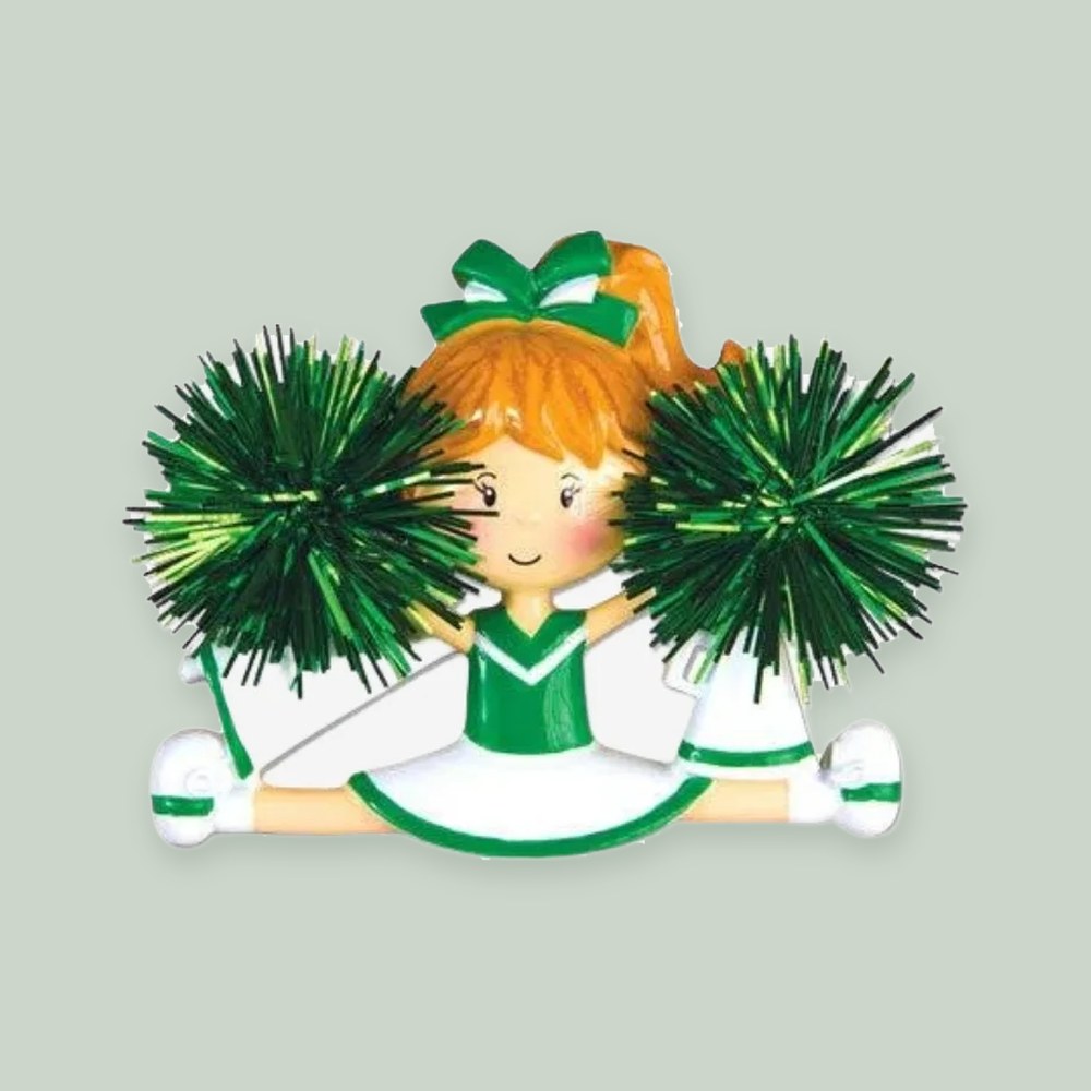 Cheerleader (Green) ornament on a sage green background
