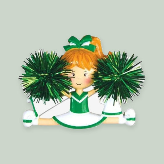 Cheerleader (Green) ornament on a sage green background
