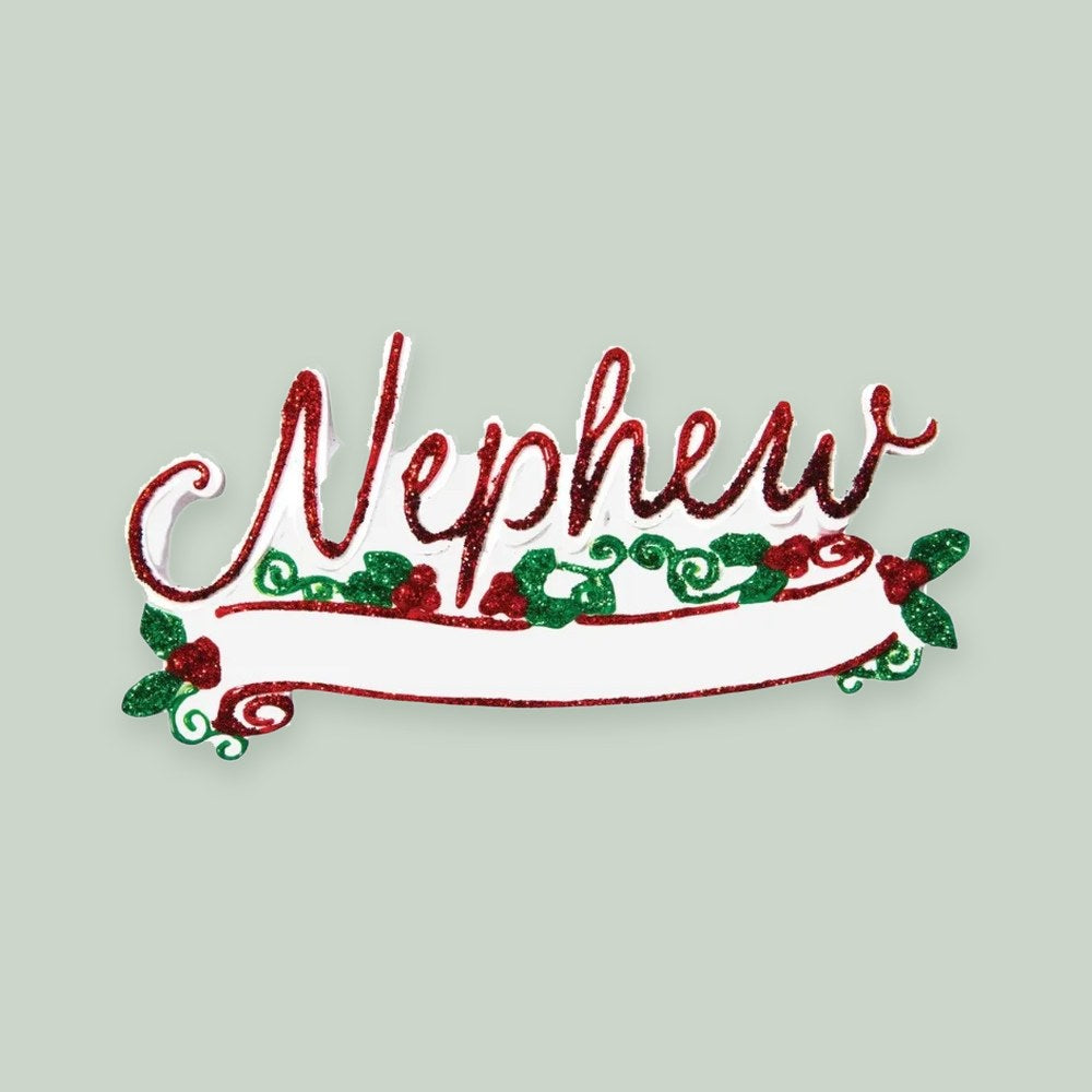 Nephew ornament on a sage green background