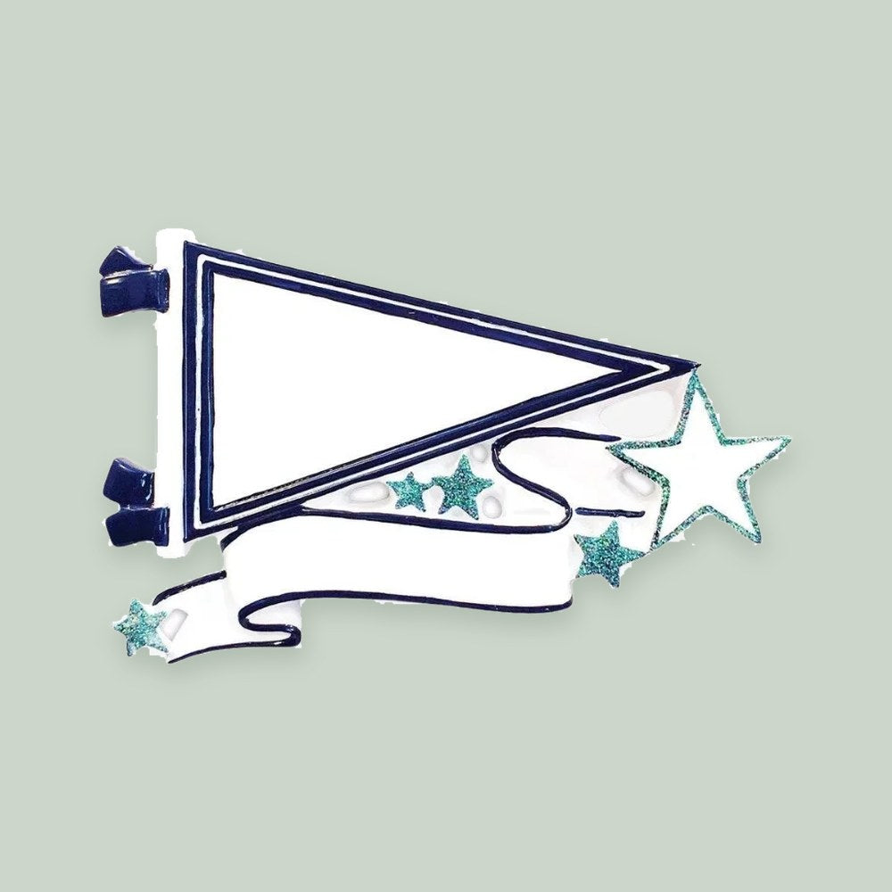 Pennant (Navy Blue) ornament on a sage green background