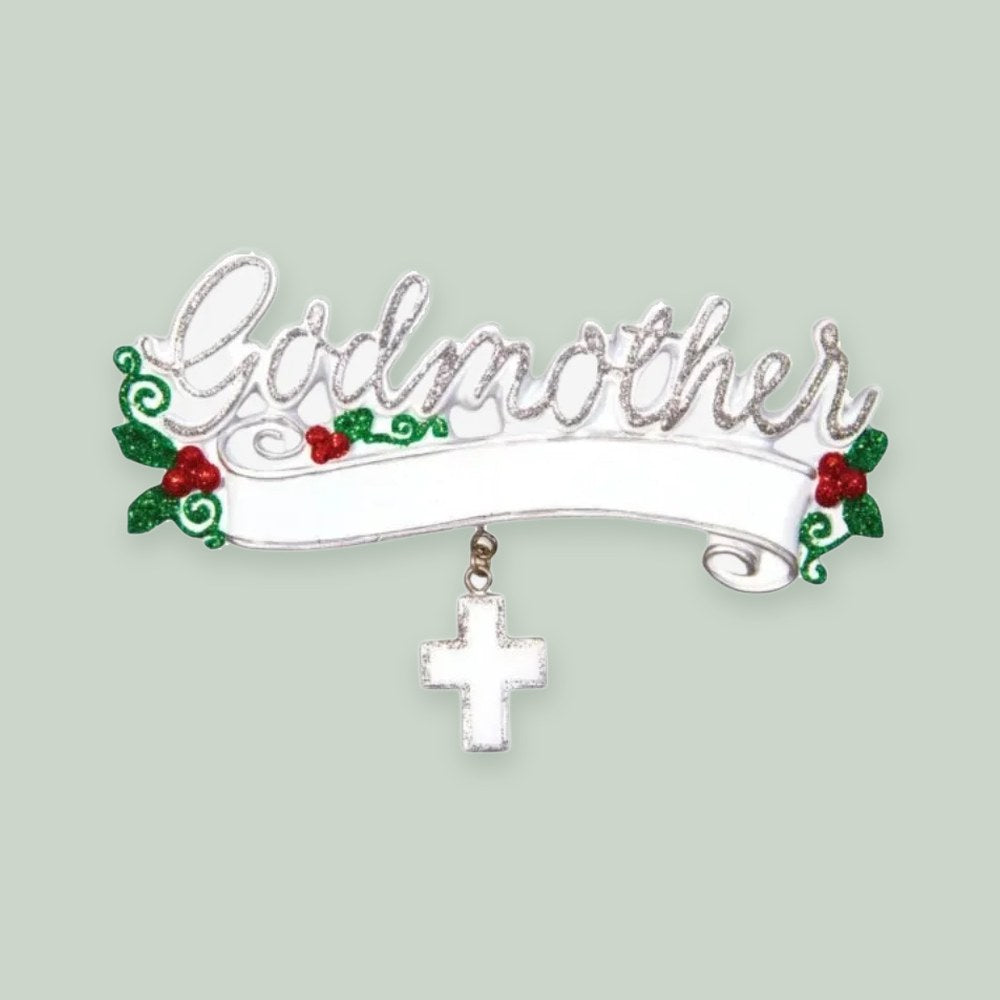 Godmother ornament on a sage green background