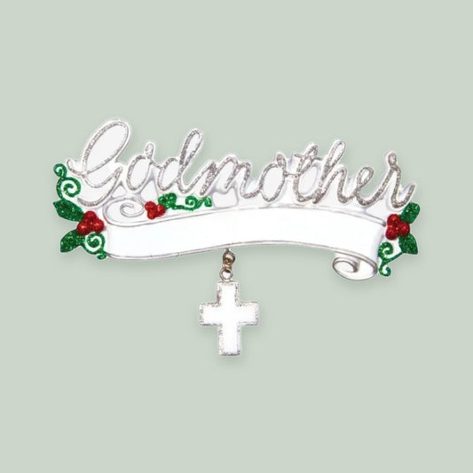 Godmother ornament on a sage green background
