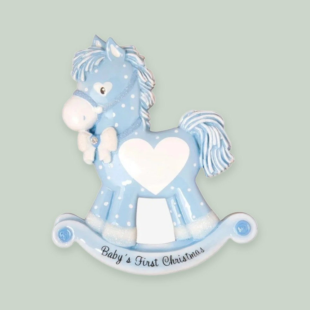 Baby Boy Rocking Horse (New) ornament on a sage green background