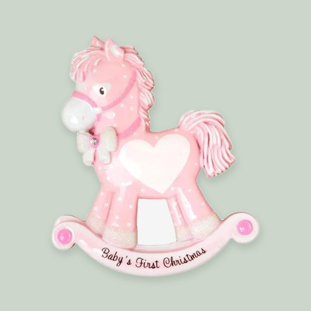Baby Girl Rocking Horse (New) ornament on a sage green background
