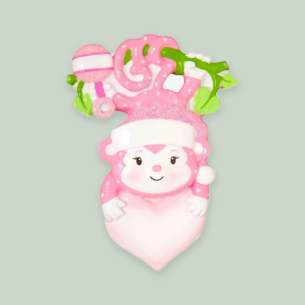 Baby Monkey (Girl) ornament on a sage green background