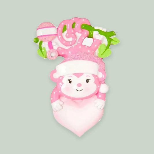 Baby Monkey (Girl) ornament on a sage green background