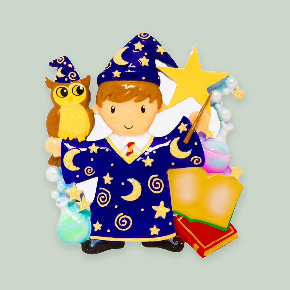 Wizard Boy ornament on a sage green background