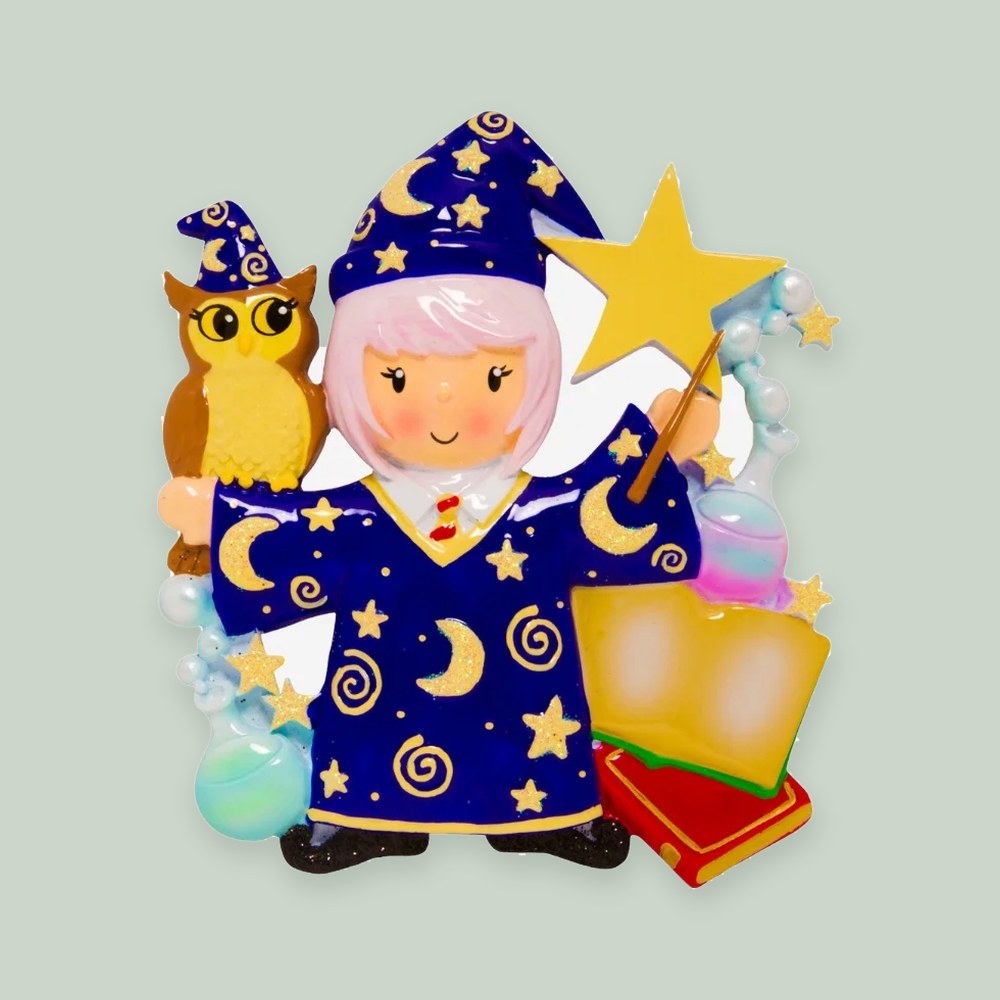Wizard Girl ornament on a sage green background