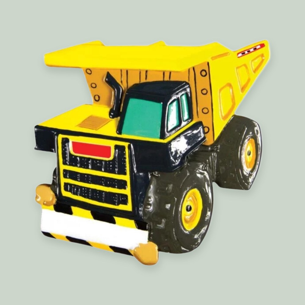 Yellow Dump Truck ornament on a sage green background