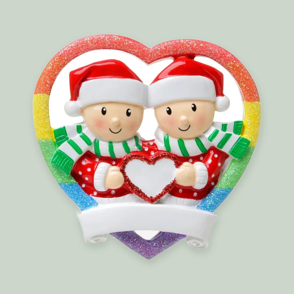 Rainbow Heart Couple ornament on a sage green background